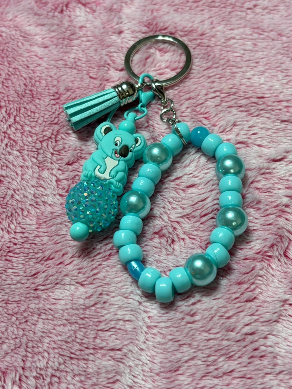 Teal Koala Beaded Keychain Bracelet with Tassel
